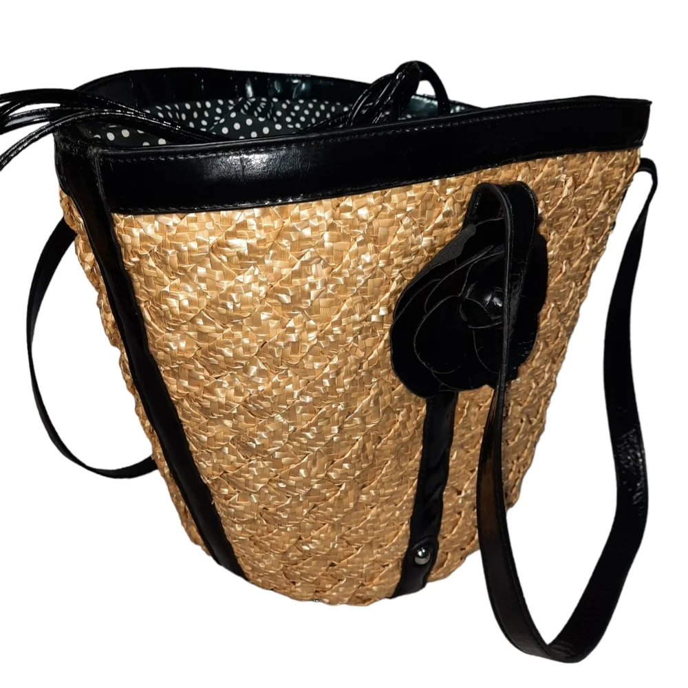 Coldwater Creek Santana Straw Braid Woven Tote/Bucket Drawstring Bag